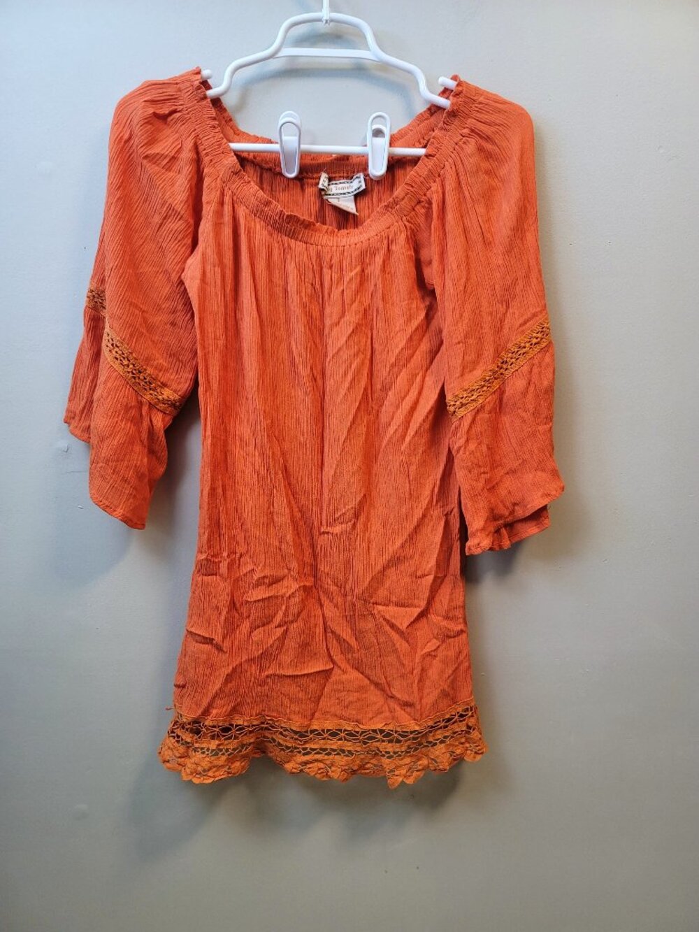 Flying Tomato Coral Boho Crochet Bell Sleeve Peasant Tunic Top Small